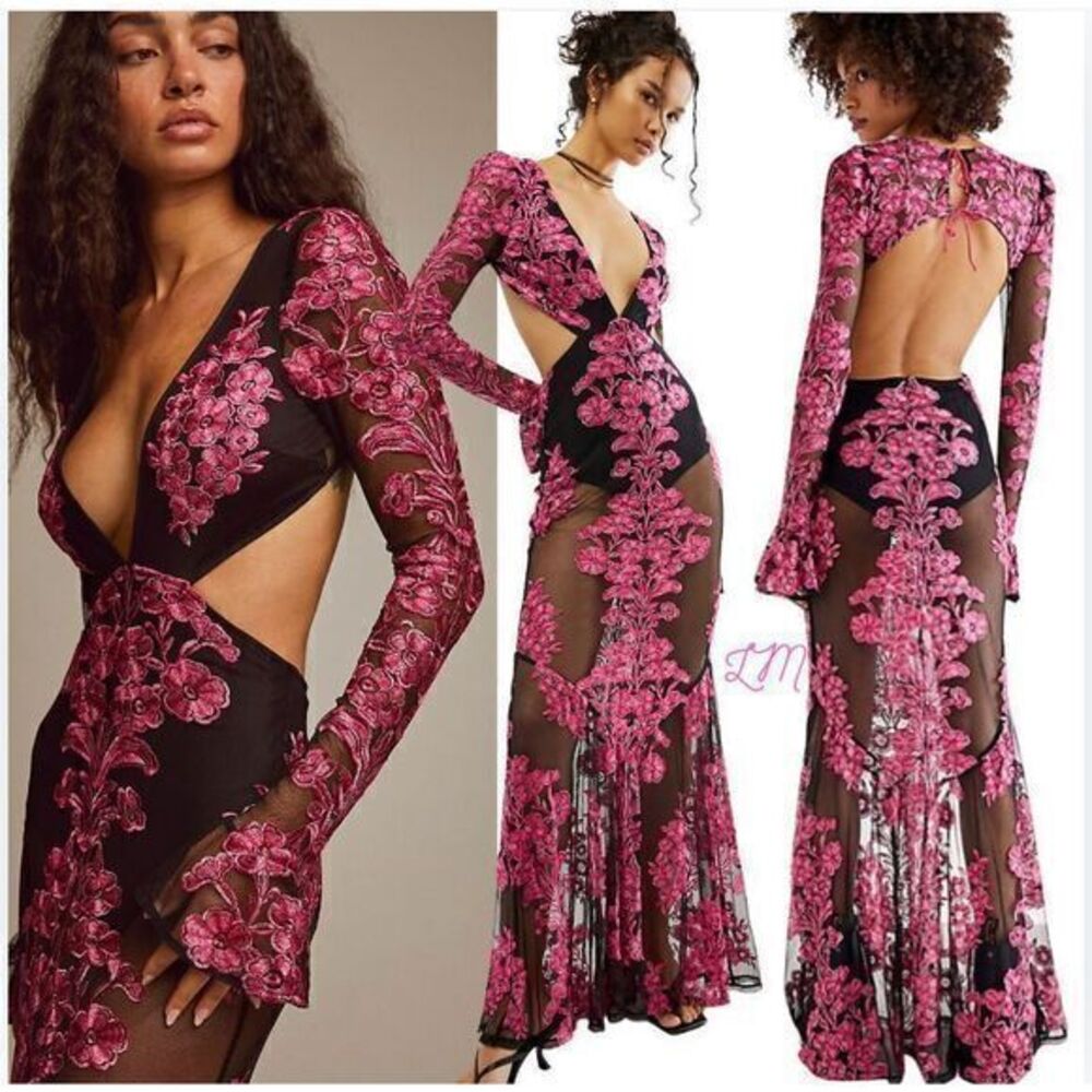 For Love and Lemons FP Temecula Cut Out Maxi Dress Small Black Pink Ombre